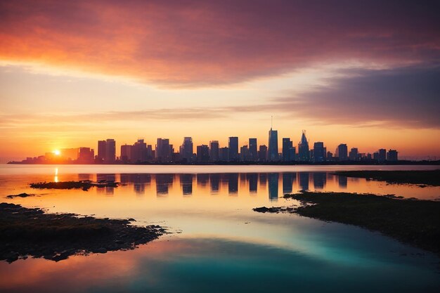 beaucoup de bâtiments avec vue sur le coucher de soleil