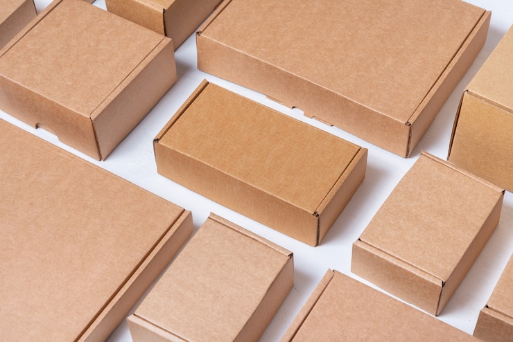 Photo beaucoup de boîtes en carton sur table en bois