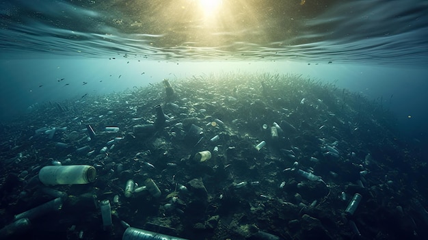Beaucoup de bouteilles d'eau en plastique polluent dans le concept de protection de l'environnement des océans Generetive AIxA