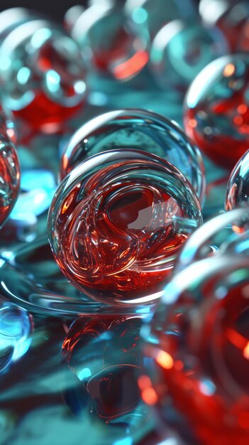 Photo beaucoup de bulles rouges et bleues flottant dans l'eau