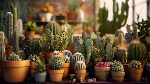 Beaucoup de cactus assis beaucoup de pots table belle image art généré par Ai