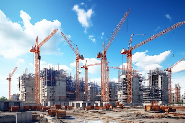 beaucoup de chantiers de construction de tours avec des grues et des bâtiments avec un fond de ciel bleu