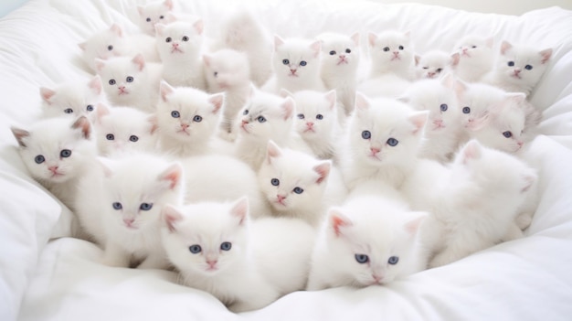 Beaucoup de chatons blancs charmants sur le lit blanc