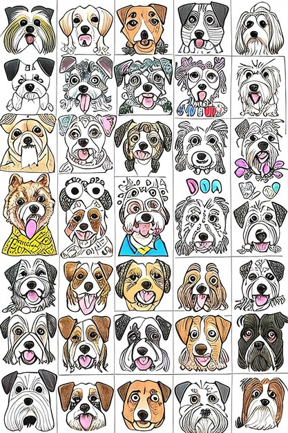 Beaucoup de chiens griffonnent le style artistique coloré illustration drôle générée par Ai