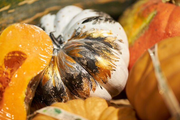 Beaucoup de citrouilles close up Fond de citrouille Citrouille à l'épicerie