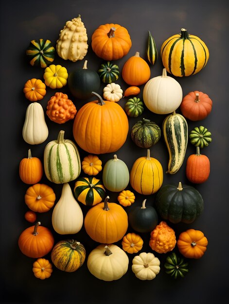 Photo beaucoup de citrouilles de différentes couleurs vue supérieure tombent halloween et le jour de thanksgiving concept générer de l'ia