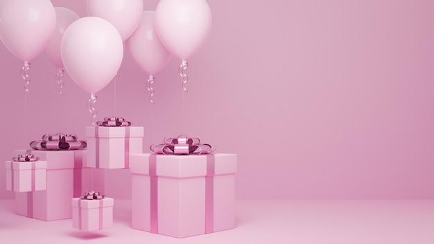 Beaucoup de coffrets cadeaux Volent dans les airs avec un ballon et un fond pastel de ruban rose.,Concept de fond de Noël et bonne année.,Modèle 3d et illustration.