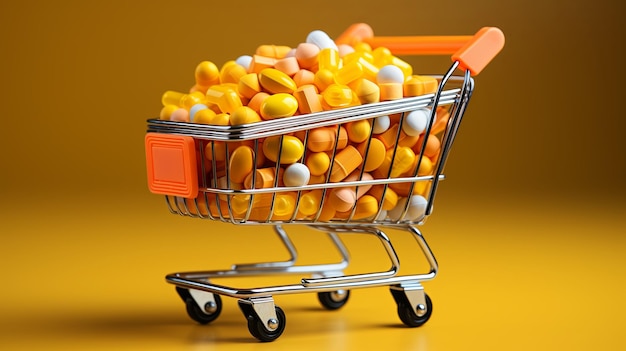 Beaucoup de comprimés de médicaments dans un petit panier d'achat de supermarché sur fond jaune concept de médicaments d'achat thème de pharmacie comprimés capsulaires avec des vitamines médicinales IA générative