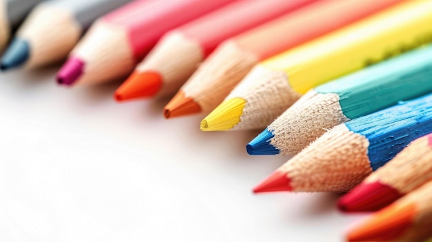 Beaucoup de crayons de différentes couleurs sur fond blanc