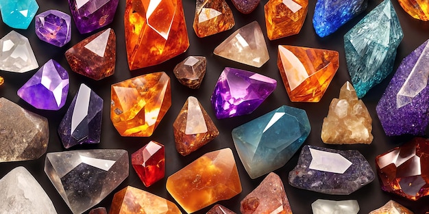 Beaucoup de cristaux et de pierres précieuses sur fond sombre Minéraux naturels tels que l'agate ambre améthyste quartz et autres Une dispersion de pierres précieuses AI générative