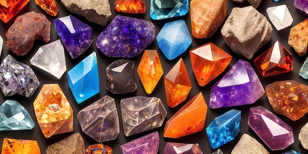 Beaucoup de cristaux et de pierres précieuses sur un fond sombre Minéraux naturels tels que l'agate, l'ambre, l'améthyste, le quartz et d'autres