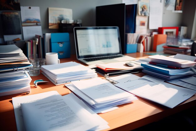 Photo beaucoup de documents sur une table en bois dans le bureau congestion au travail une pile de papiers