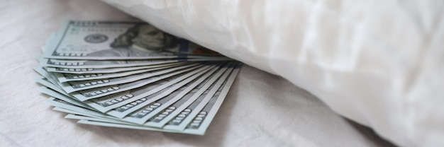 Beaucoup de dollars américains se trouvant sous l'oreiller dans le plan rapproché de chambre à coucher
