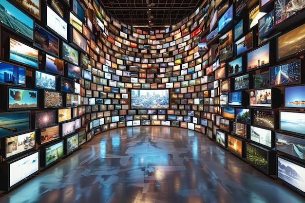 Photo beaucoup d'écrans de télévision sur le mur dans une pièce sombre