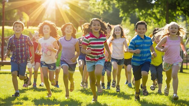 Beaucoup d'enfants différents, garçons et filles, courent dans le parc un jour d'été ensoleillé en vêtements décontractés.