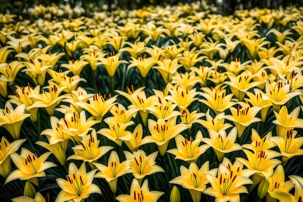 Beaucoup de fleurs de lys jaunes avec une concentration sélective dans un jardin botanique
