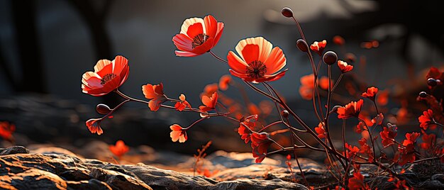 Beaucoup de fleurs rouges poussent dans les rochers.