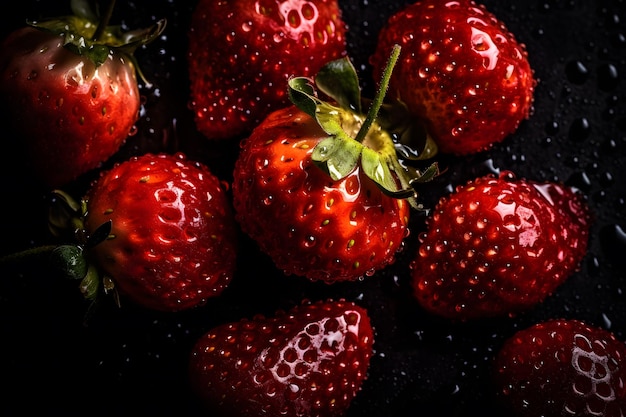 Beaucoup de fraises sur fond sombre Réseau de neurones généré par l'IA