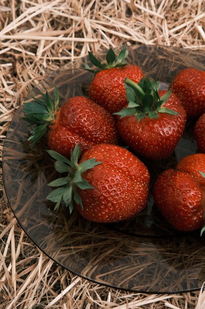 Beaucoup de fraises juteuses mûres se trouvant dans une assiette sur un fond de foin vue d'en haut régime alimentaire produit sain