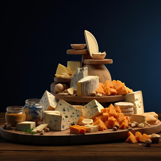 Photo beaucoup de fromage sur une planche en bois dans le style de l'éclairage de boîte douce bleu ciel foncé et ambre