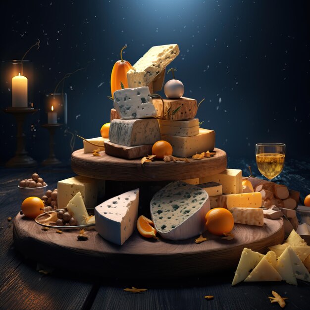 Photo beaucoup de fromage sur une planche en bois dans le style de l'éclairage de boîte douce bleu ciel foncé et ambre