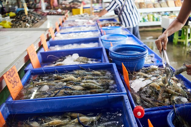 Photo beaucoup de fruits de mer sur le marché des fruits de mer