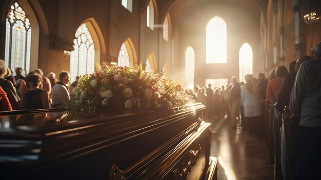 beaucoup de gens dans l'église avant l'enterrement portant des fleurs debout derrière le cercueil brun en bois