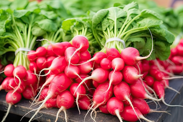 Beaucoup de grappes de radis sur le marché Fresh Radish Root Bundle Pile de radis rouges avec des feuilles vertes