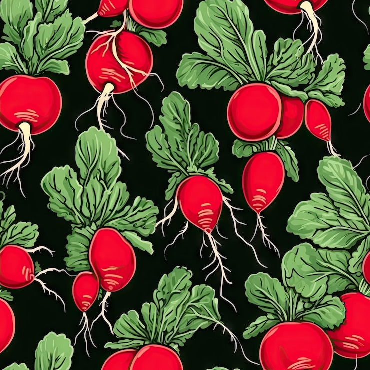 Photo beaucoup de grappes de radis modèle sans couture raisin frais racine faisceau pile de radis rouges avec des feuilles vertes illustration générative ai