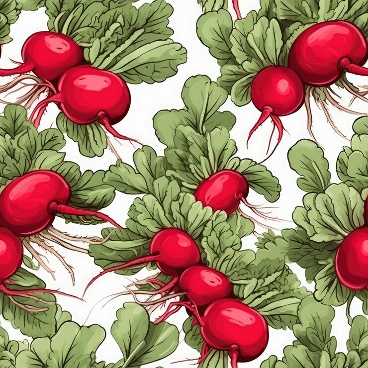 Photo beaucoup de grappes de radis modèle sans couture raisin frais racine faisceau pile de radis rouges avec des feuilles vertes illustration générative ai