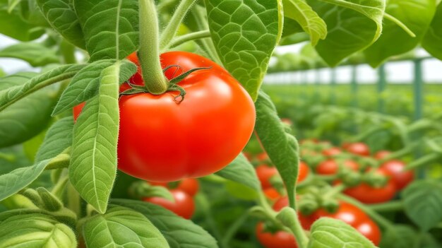 Beaucoup de grappes de tomates rouges mûres et vertes immatures poussent dans le jardin.