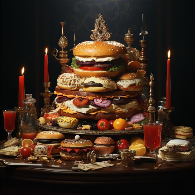 Photo beaucoup de hamburgers debout sur la table avec des bougies au dîner