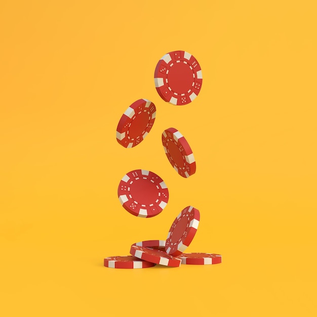 Beaucoup de jetons de poker rouges tombant sur un fond jaune avec espace de copie illustration de rendu 3D