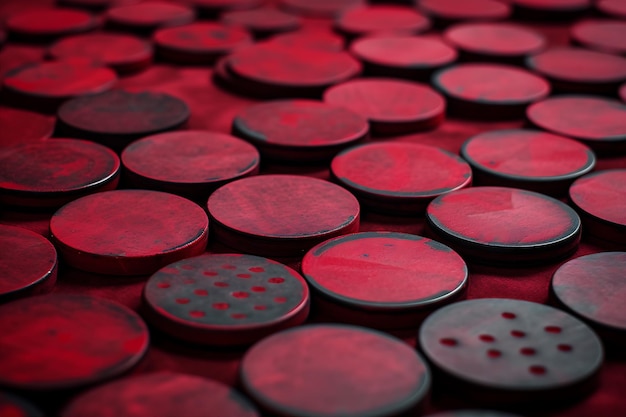 Beaucoup de jetons rouges de poker sur un tapis rouge