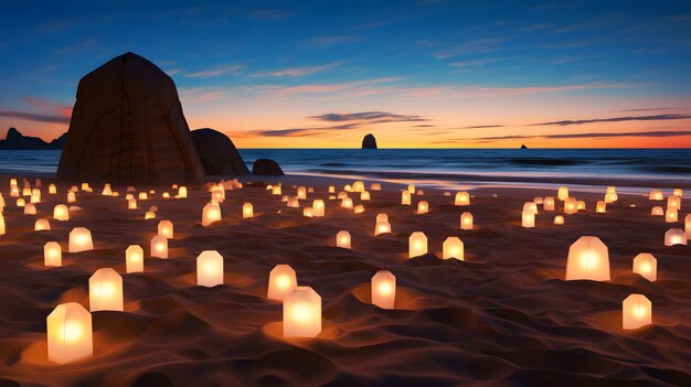 Beaucoup de lampes posées sur la plage la nuit tombée