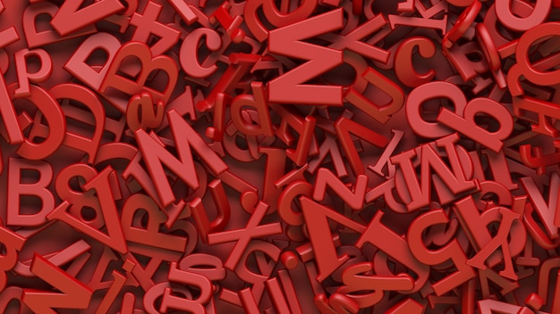 Beaucoup de lettres de l'alphabet rouge 3d sur fond rouge