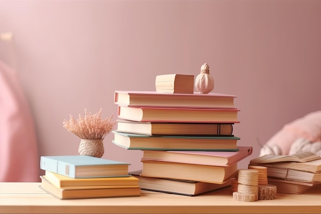 Beaucoup de livres sur une table en bois et un fond rose pastel de retour à l'école Éducation IA générative