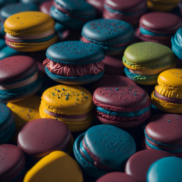 Beaucoup de macarons colorés sont empilés ensemble.