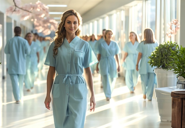 Beaucoup de médecins en uniforme marchent dans un couloir à l'hôpital.