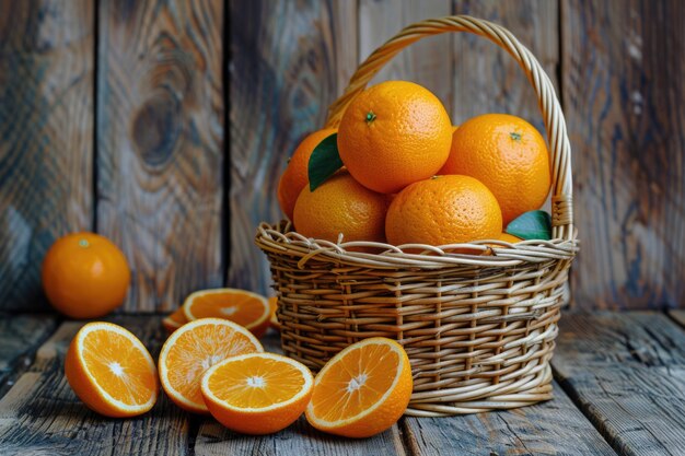 Beaucoup d'orange plein et tranché dans un panier sur fond de bois