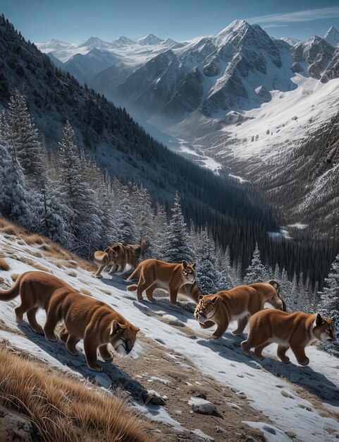 Photo beaucoup d'ours bruns marchant sur un flanc de montagne enneigé