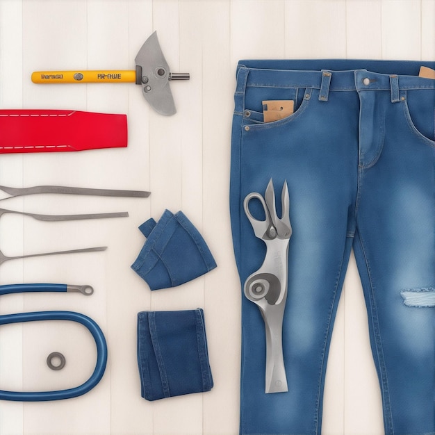 Photo beaucoup d'outils pratiques sur le fond des jeans