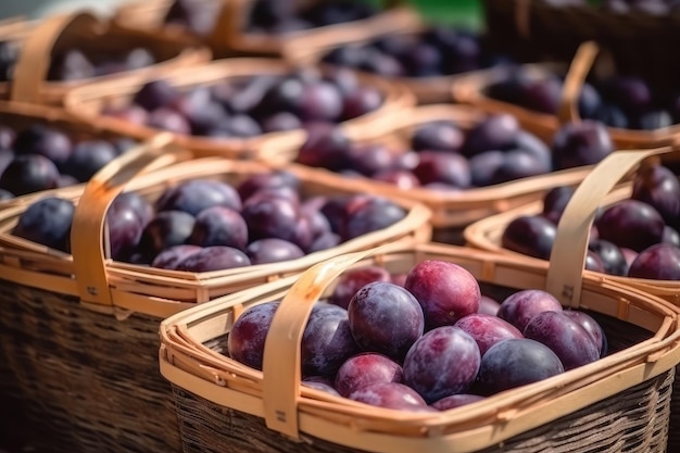 Beaucoup de paniers avec des prunes fraîches et mûres à vendre au marché AI