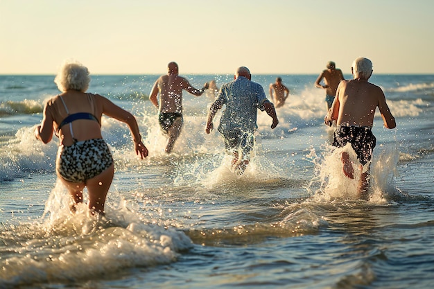 Beaucoup de personnes âgées sur la plage s'amusant entre les vagues dans l'eau Les personnes âgées en vacances