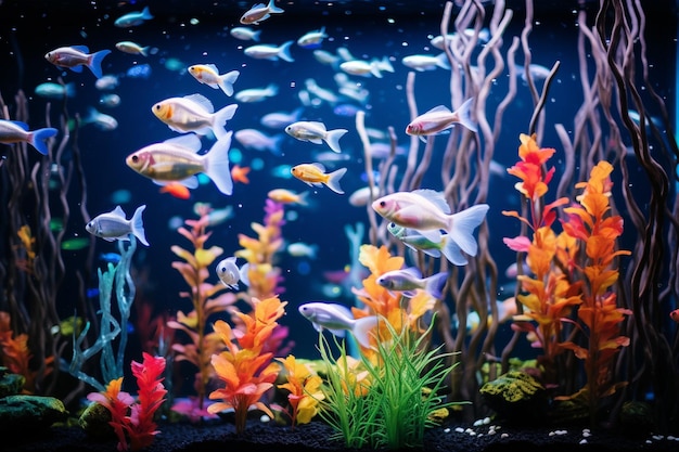 Beaucoup de petits poissons au néon brillants dans l'aquarium