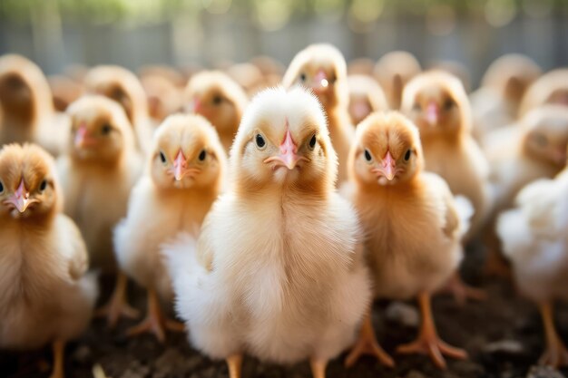 Beaucoup de petits poulets dans une ferme
