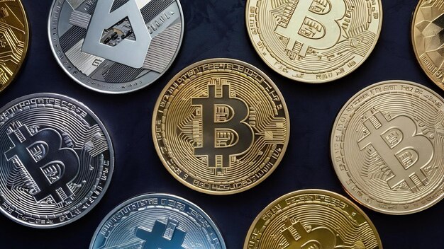 Photo beaucoup de pièces de crypto-monnaie se trouvent sur une surface sombre