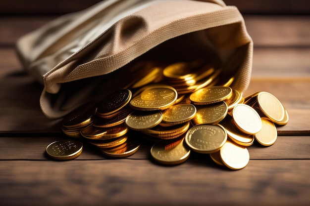 Beaucoup de pièces d'or dans un sac sur une table en bois