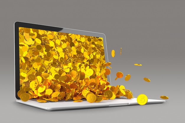 Beaucoup de pièces d'or débordant du rendu 3D du moniteur d'ordinateur portable