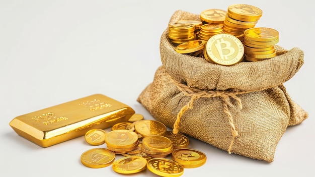 beaucoup de pièces d'or sont empilées l'une sur l'autre dans un sac à trésor et une barre d'or est placée à côté de tout cela sur un fond blanc